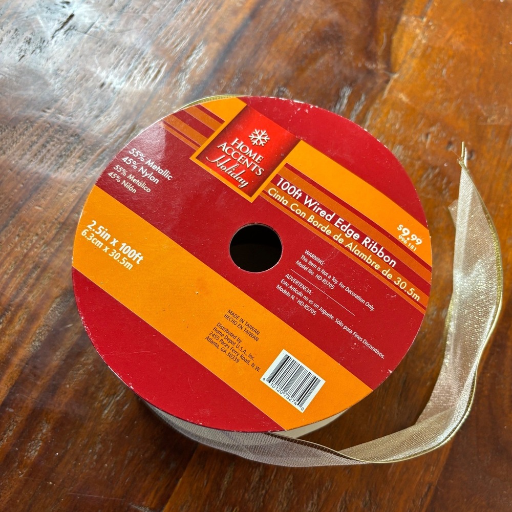 Home Accents Holiday 100ft Wired Edge Ribbon 2.5in Gold Metallic HD-RS705 NEW
